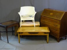 AN EDWARDIAN INLAID MAHOGANY FALL FRONT BUREAU, mid century G-Plan stylish coffee table, oak