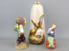 THREE HAND PAINTED TUSCAN CHINA ORNAMENTS including a 19cms height vase, decorated with eagles