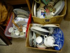 THREE BOXES OF BLUE AND WHITE DINNERWARE, teaware and ornamental goods