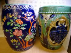 TWO ORIENTAL POTTERY GARDEN SEATS, one decorated in enamels on a cobalt ground, the other in classic