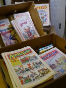 A LARGE COLLECTION OF VINTAGE COMICS in three boxes, titles include - Wizard, Adventure, Hotspur,