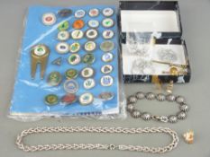 A COLLECTION OF WORLD GOLF CLUB LAPEL BADGES, a 15ct gold and seed pearl bar brooch, a Victorian