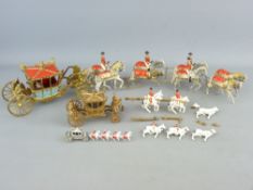 A LARGE COLOURFUL DIECAST CORONATION COACH AND HORSES by Britain's Limited, a smaller gilt decorated