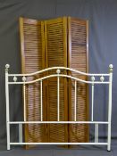 A THREE FOLD LOUVRE SCREEN along with a white metal bed end
