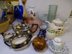 A VICTORIAN MILK GLASS VASE and other vintage and later glassware, a three piece silver effect