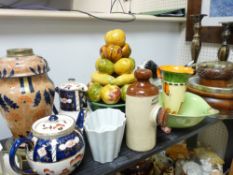 A VICTORIAN POTTERY OIL LAMP BASE, a Myott Art Deco jug, an EP mounted oak biscuit barrel and