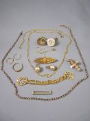 A 15CT GOLD BAR BROOCH 3.5gms, a narrow 9ct gold pin brooch with pearl and aquamarine decoration 1.