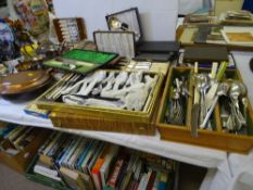 A GOOD MIXED SELECTION of mainly boxed EPNS cutlery, a copper long handled warming pan, a three