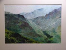 DAVID GROSVENOR watercolour - Llanberis Pass with low cloud, signed, 34 x 50cms