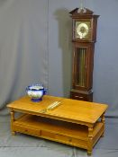 A REPRODUCTION GRANDMOTHER CLOCK with brass dial, two tier light oak coffee table with end of