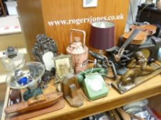 A VINTAGE BAKELITE RADIO, Aladdin pink paraffin tin, Victorian cast metal and photograph frames, a