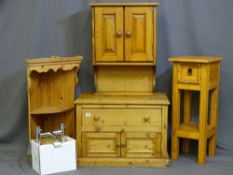 A PARCEL OF PINE ITEMS including single drawer with two base cupboard occasional table, ornate