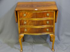 A REPRODUCTION MAHOGANY SERPENTINE FRONT THREE DRAWER CHEST with twin side flaps on Queen Anne