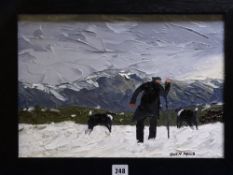 OWEN MEILIR oil on canvas - farmer in snow looking for his sheep, signed, 40 x 30cms