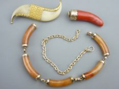 A GOLD MOUNTED POSSIBLY CORAL DROP PENDANT and a five link pink agate bracelet with gold links