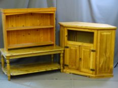 A PINE SHAPED TOP (POSSIBLY FISH TANK) DISPLAY UNIT along with a two shelf pine coffee table and two