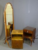 A POLISHED WOOD AND SHAPED CHEVAL MIRROR along with two vintage bedside cabinets