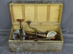 A VINTAGE CAMPHORWOOD BOX with quantity of tools