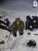 OWEN MEILIR oil on board - farmer and sheep dog in snow, signed, 28 x 40cms