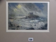 KEITH ANDREW coloured limited edition 25/550 print - 'Sun through clouds over St Cwyfan's Church',