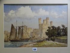 JOHN E AITKEN watercolour - Caernarfon Castle with a twin master entering the harbour, numerous