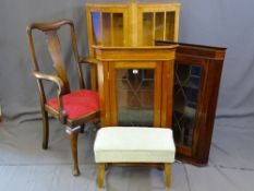 TWO SINGLE DOOR AND GLAZED WALL L HANGING CORNER CUPBOARDS, two door veneer china cabinet and a