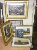 TWO VICTORIAN OIL PAINTINGS of riverside country cottages, a small oriental silk work picture framed