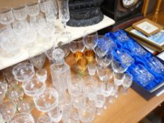 A SILVER COLLARED GLASS DECANTER WITH STOPPER, a boxed set of six Gleneagles lead crystal tumblers