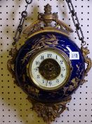 AN ANTIQUE FRENCH FARCOT HANGING WALL CLOCK, enamel dial set with Arabic numerals with a gilt