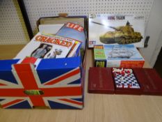 A BOXED TAMIYA KING TIGER KIT, a US Frigate by Pyro, three travel chess sets, nine vintage 'Mad'