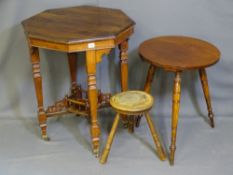 A MAHOGANY OCTAGONAL TOPPED OCCASIONAL TABLE with lower galleried shelf, circular three legged