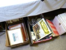 A BOX OF ASSORTED PAINTINGS AND PRINTS, another box with Staffordshire teaware and a small