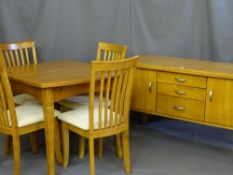 A MODERN LIGHT WOOD RECTANGULAR EXTENDING DINING TABLE and four light upholstered chairs and
