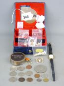 A SMALL PARCEL OF COLLECTABLE COINAGE AND JEWELLERY, a Pulsar lady's wrist watch, a vintage stud box
