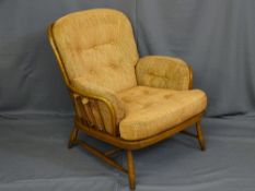 AN ERCOL WINDSOR JUBILEE STICK BACK EASY CHAIR re-upholstered in 2012, 81cms height, 79cms width,