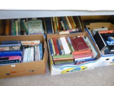 FIVE BOXES OF VINTAGE AND LATER COLLECTOR'S BOOKS with a small quantity of vintage Bartholomew's and