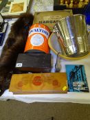 AN ANTIQUE FOX FUR STOLE, an advertising tin for Ovaltine, two vintage wooden boxes, a pottery