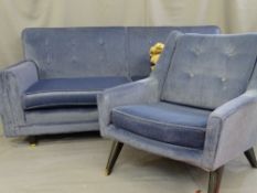 A VINTAGE, POSSIBLY G PLAN, LARGE FABRIC SOFA AND SINGLE MATCHING UPHOLSTERED CHAIR with