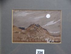 ARTHUR PRITCHARD mixed media - moonlit mountain scene with cottages, titled 'Aberffraw Winter'