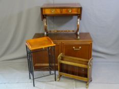 A MODERN LEATHER TOOL TOP TWO DRAWER SOFA TABLE with lyre ends, modern metal and wood two shelf