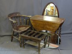 A VINTAGE DROP LEAF GATE LEG BARLEY TWIST TABLE, luggage rack, spindle back tub chair and two oval