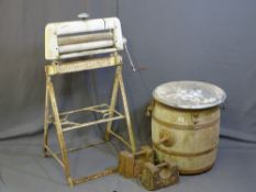 A VINTAGE BUTTER CHURN BARREL, a vintage Webb mangle and two 56lb metal weights