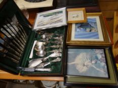 A CASED CANTEEN OF KING'S PATTERN CUTLERY with a quantity of framed pictures and prints