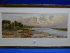 UNSIGNED watercolour - estuary with windmill to the background and sailing boat, 22 x 59cms