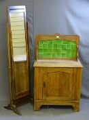 A TILED BACK SINGLE DOOR WASH STAND along with a bevel edged cheval mirror