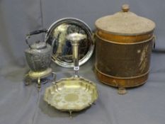 A VINTAGE COAL BUCKET, a small parcel of electroplate including spirit kettle, trays ETC