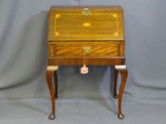 A LADIES VINTAGE MAHOGANY WRITING BUREAU with Sheraton style inlay on cabriole supports, 93.5 cm