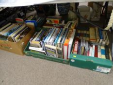 FIVE BOXES OF VINTAGE & MODERN BOOKS, varying in subjects including military vehicles, firearms,