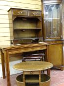 A MAHOGANY TOPPED TABLE with square legs, inlaid two shelf hall table, standing corner cupboard with