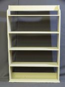 A PAINTED PINE SLIM FIVE SHELF OPEN BOOKCASE, 112cms height, 75cms width, 22cms depth